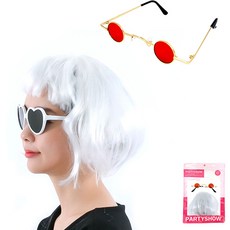 파티쇼 단발머리 가발 + 레트로 미니안경 세트, 화이트(가발), 금테레드(안경), 1세트 문구/오피스/파티/이벤트 반품 최저가 9,170원