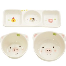 어린이 모이내츄럴 동물 식기 3종 세트, 돼지, 밥공기 + 국그릇 + 세칸접시, 1세트 출산/유아동/이유용품/유아식기 반품 최저가 30,030원
