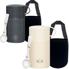DIYOU 스텐 보온 도시락 죽통 600ml 2p + 스텐스윙 스푼 2p + 전용 파우치 2p 세트, 아이보리, 차콜, 1세트 주방용품/보온/보냉용품 반품 최저가 8,220원