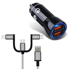디씨네트워크 퀄컴 파우스트 퀵차지 3.0듀얼 차량용 고속충전기 삼성 갤럭시 애플 아이폰 호환 + 3in1 고속충전케이블 1.2m, 충전기(ITS-CC03), 케이블(단일 상품), 충전기(블랙), 케이블(혼합 색상) 자동차용품/차량용 전자기기 반품 최저가 7,990원