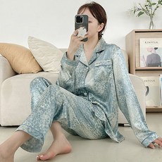 코코드림 여성용 블루 호피 실크 셔츠 카라 잠옷 상하의 세트 #BNN5054 패션의류/잡화/속옷/잠옷 반품 최저가 14,010원