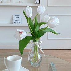 리얼튤립 조화 5p + 투명 유리 화병 + 리본테이프 세트, 화이트(튤립), 랜덤발송(리본테이프) 완구/취미/수집품 반품 최저가 7,150원
