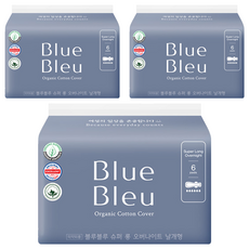 블루블루 유기농 순면커버 오버나이트, 패드형, 6개입, 3개 생활용품/생리대/성인용기저귀 반품 최저가 13,390원