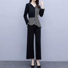 아뗄릭 빅사이즈 브이넥 스트라이프 블라우스 와이드 팬츠 투피스 정장 세트 00251 패션의류/잡화/여성패션 반품 최저가 13,170원