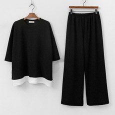 티탁 여성용 빅사이즈 데일리 루즈핏 레이어드 7부 통소매 티셔츠 + 밴딩 와이드 통팬츠 상하의 세트 패션의류/잡화/여성패션 반품 최저가 12,350원