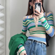 여성용 블랙101 로치리우 버튼 카라 스트라이프 니트 CH-2318769 패션의류/잡화/여성패션 반품 최저가 8,920원