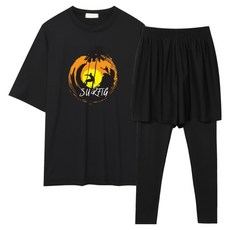 일루소 남성용 서핑야자수 오버핏 반팔 래쉬가드 + 4부 레이어드 레깅스 비치 팬츠 세트, 블랙 패션의류/잡화/남성패션 반품 최저가 24,170원